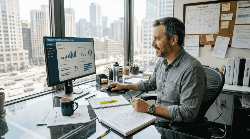 Manager reviews training dashboard in corner office