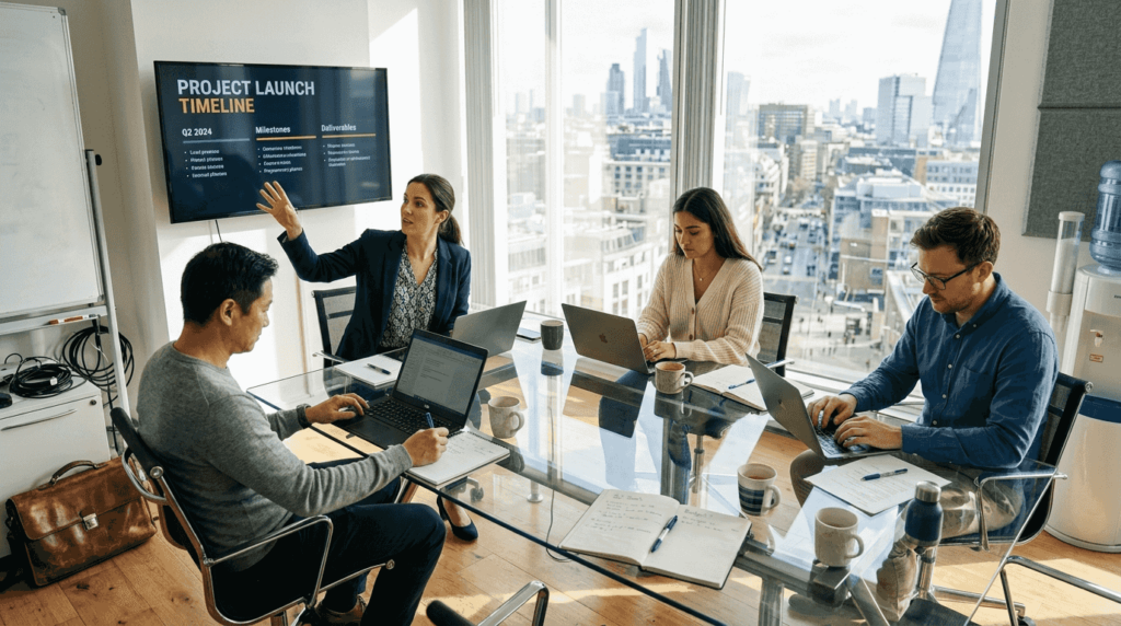 Team using collaboration tools during meeting